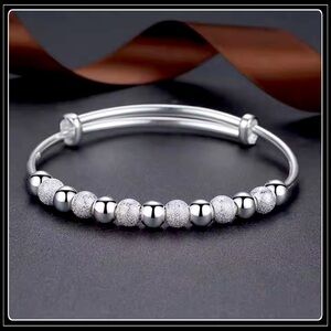NEW 925 SILVER ELEGANT ADJUSTABLE ORNATE TEXTURED BEAD WIRE BANGLE BRACELET